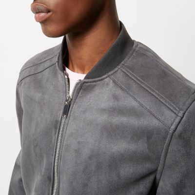 Grey faux suede bomber jacket